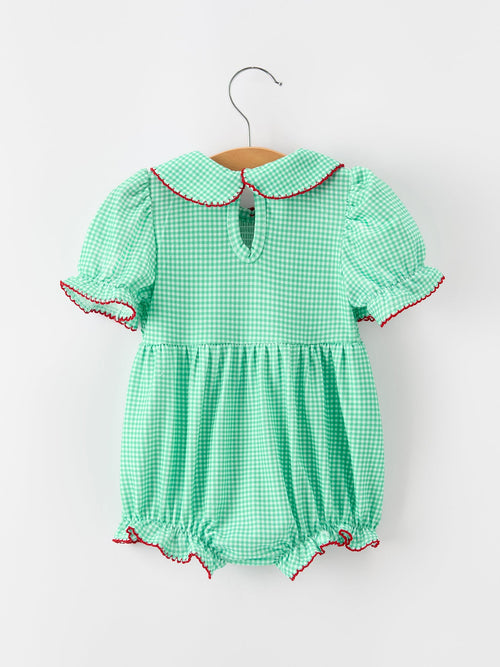 Christmas Girls Green Plaid Smocked Bow Bubble Romper